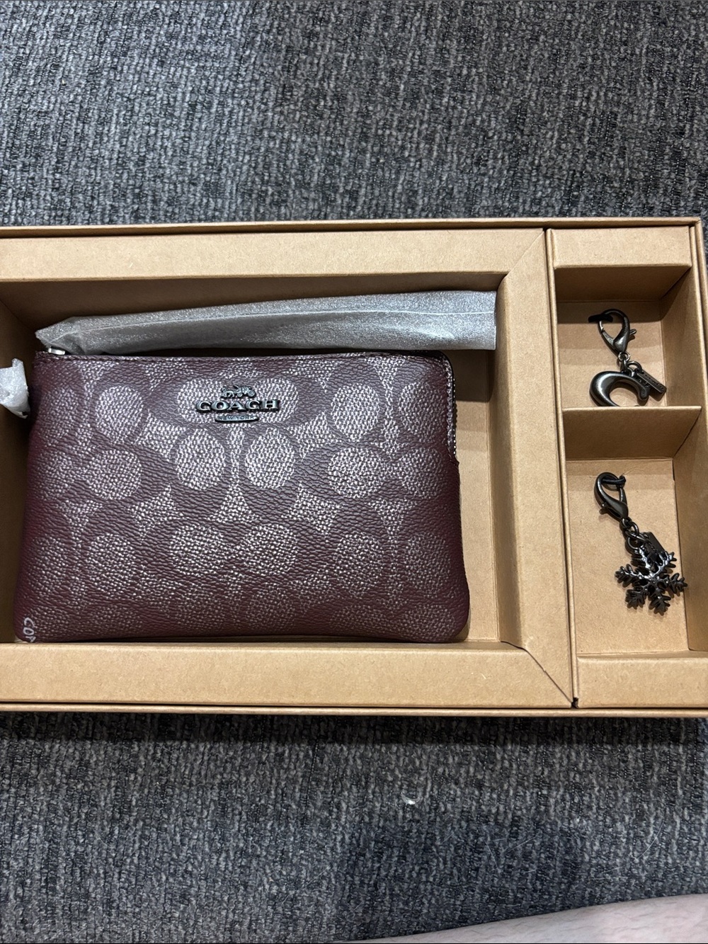 Coach CW958 Wine Metallic Wristlet in Box with a C Charm and Snowflake Charm